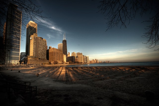 Chicago skyline beside Lake Michigan