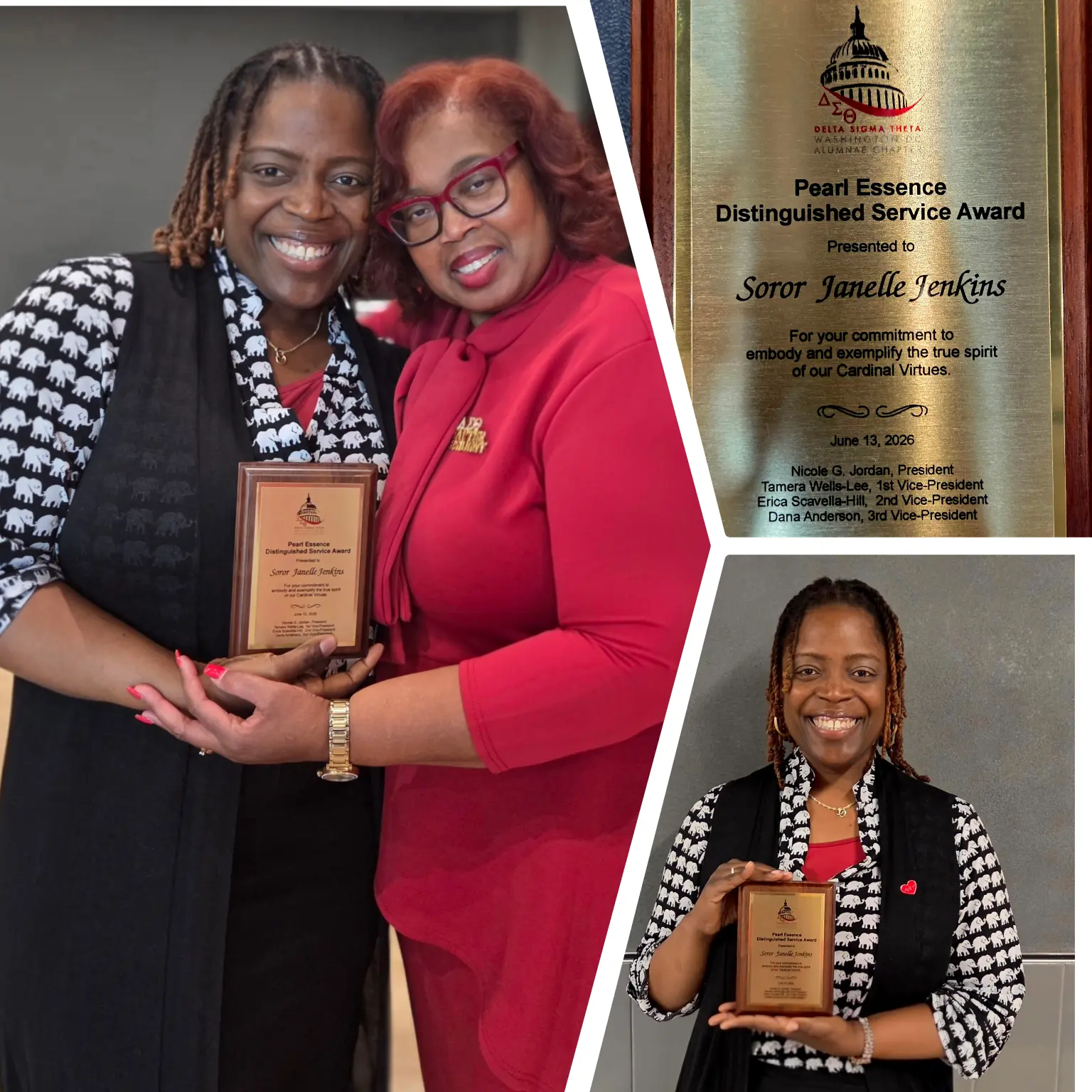 Janelle Renee Jenkins receiving the 2026 Pearl Essence Distinguished Service Award from Washington DC Alumnae Chapter President Nicole G. Jordan